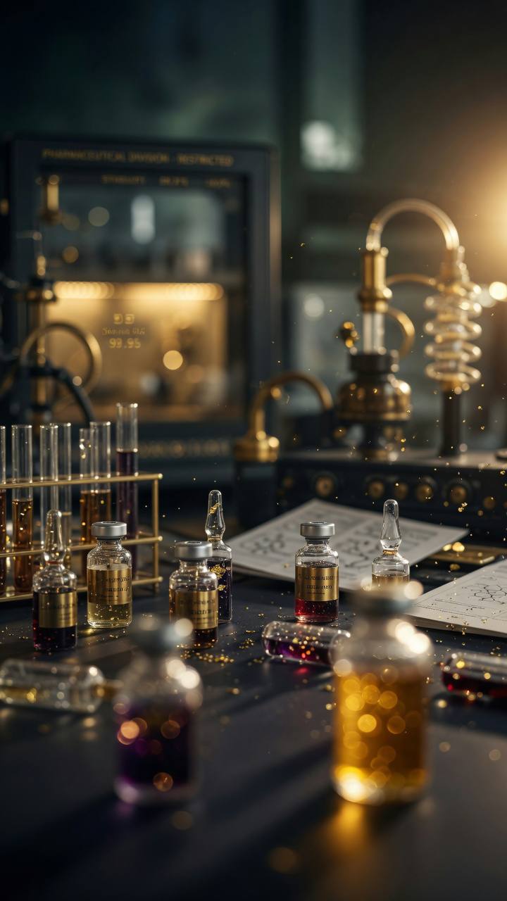 Premium pharmaceutical laboratory bench with vials in gold light